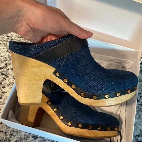 Veronica Beard Dacey Denim Clog wooden heel clogs - Picture 9 of 12